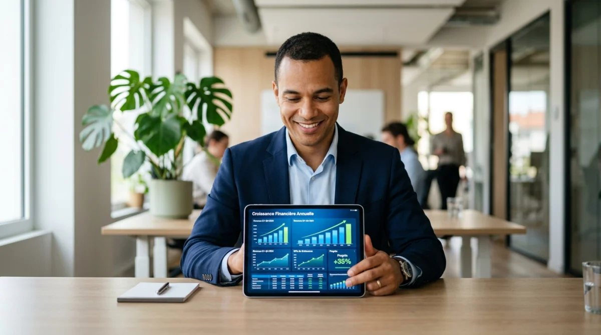 Professionnel utilisant le simulateur retour sur investissement Rezoactif pour analyser des graphiques de croissance financière sur tablette.