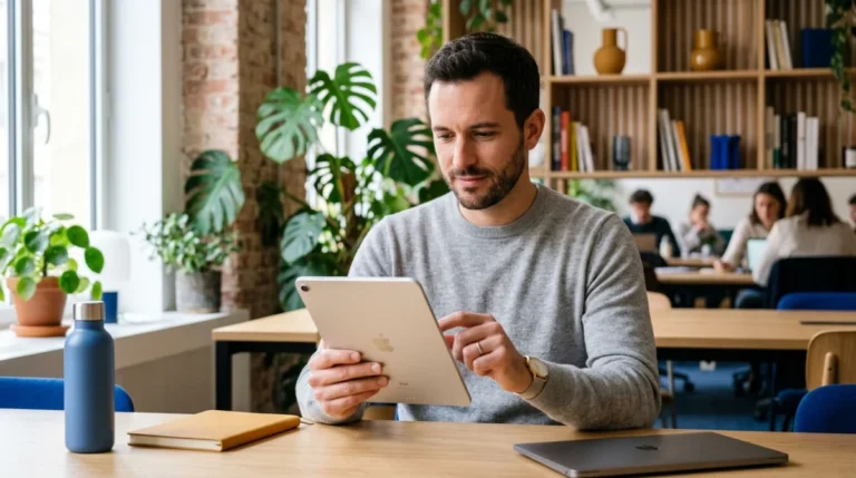 Entrepreneur indépendant analysant les courbes de revenus sur une tablette dans un espace de travail moderne.
