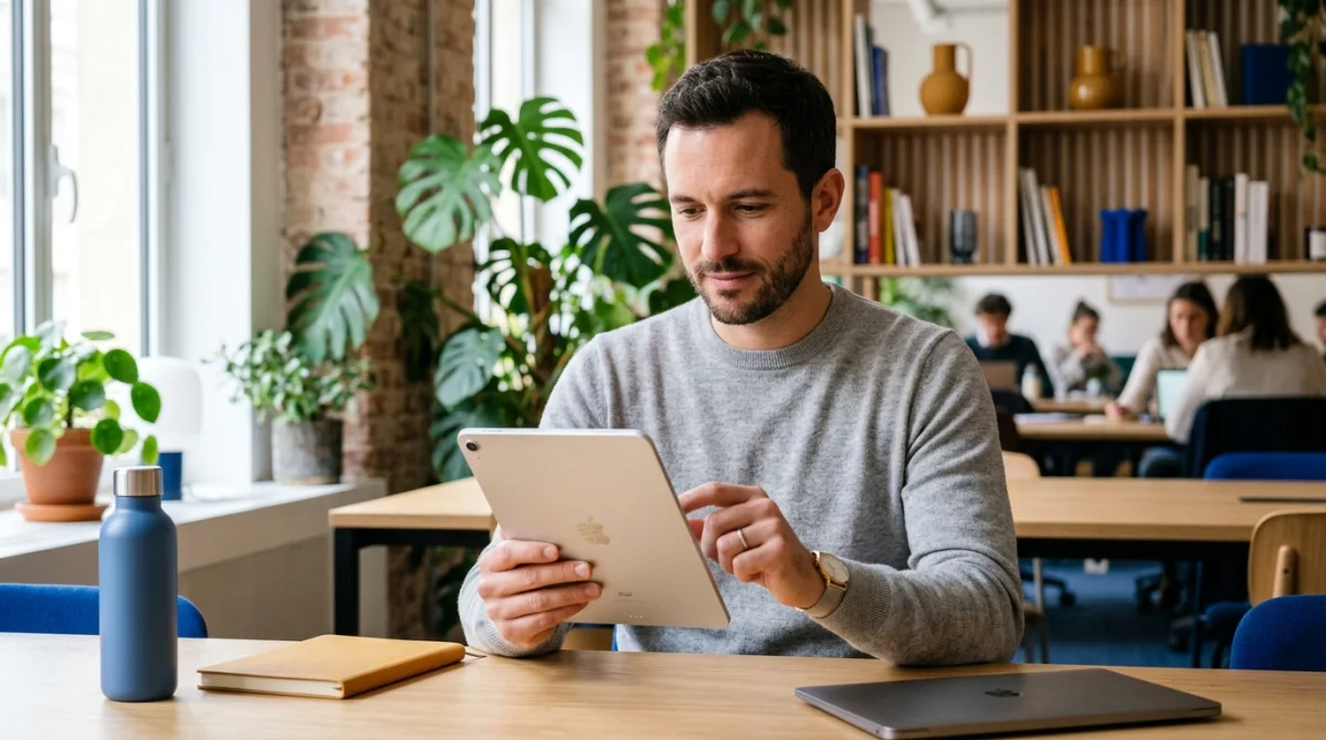 Entrepreneur indépendant analysant les courbes de revenus sur une tablette dans un espace de travail moderne.