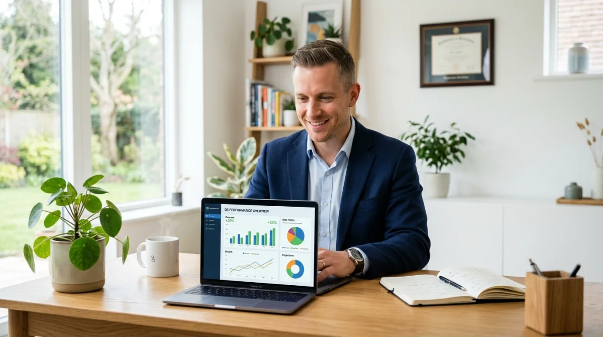 Entrepreneur confiant utilisant le simulateur de revenu indépendant sur ordinateur dans un bureau lumineux et moderne.