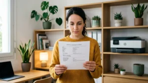 Personne consultant une feuille de configuration réseau pour trouver l'adresse IP imprimante dans un bureau moderne.