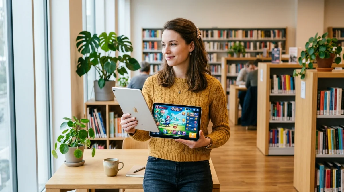 Jeune femme consultant une tablette dans une bibliothèque lumineuse pour trouver une soluce du jeu Amour Sucré.