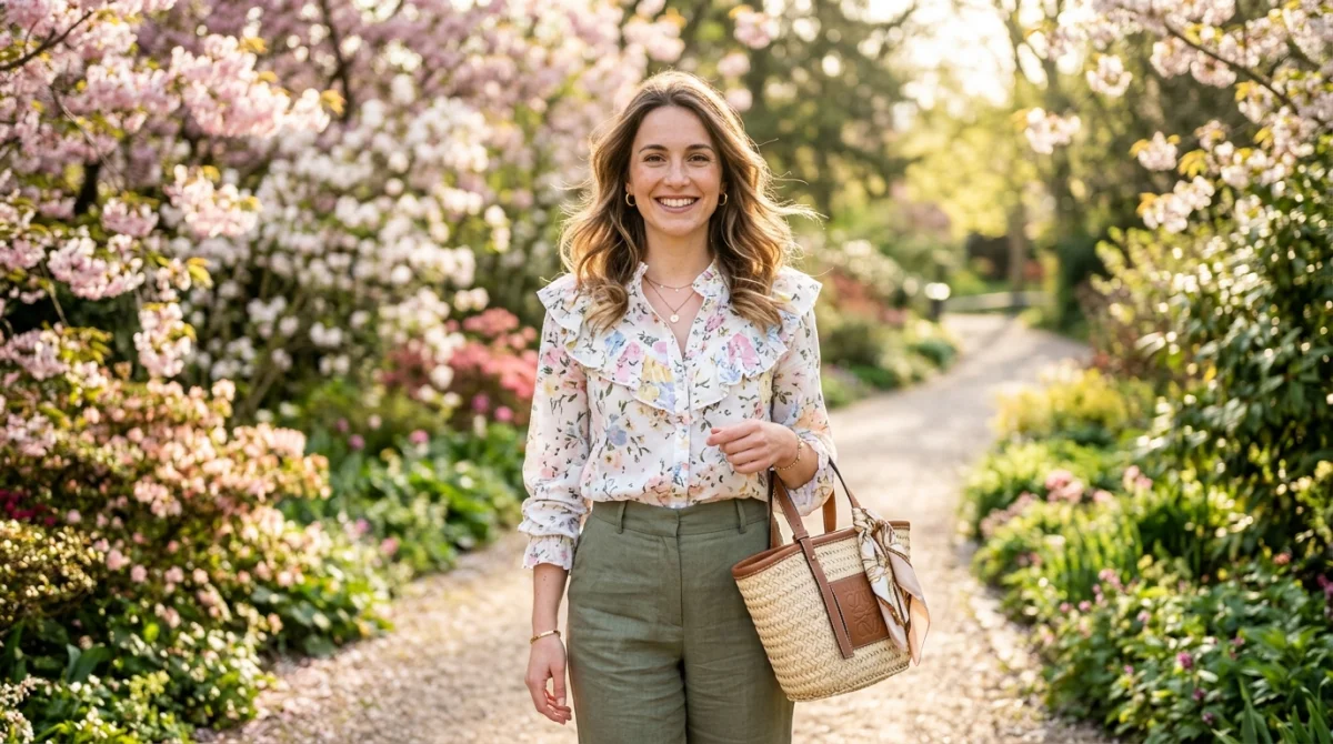 Jeune femme élégante souriante dans un parc fleuri, illustration idéale pour votre guide Amour Sucré soluce.