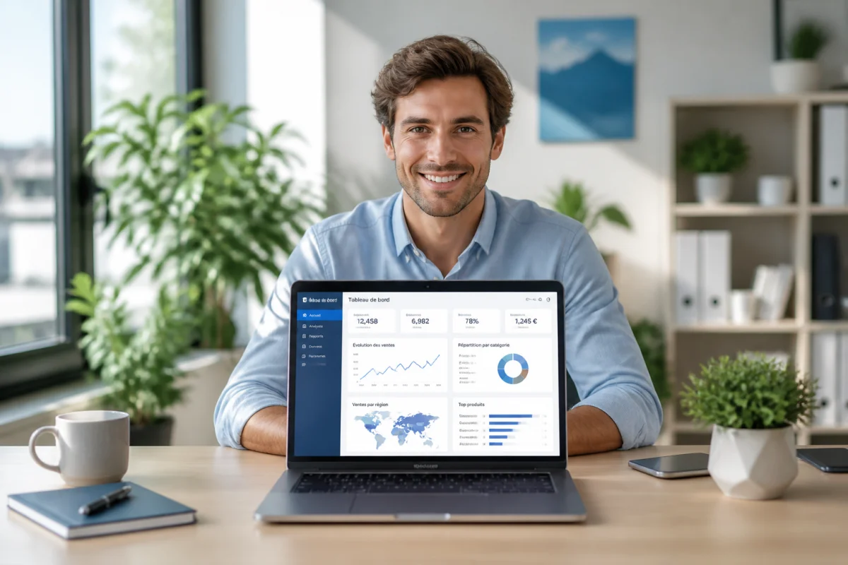 Professionnel analysant des données sur un ordinateur portable dans un bureau lumineux pour le compteur texte egc-vendee.fr.