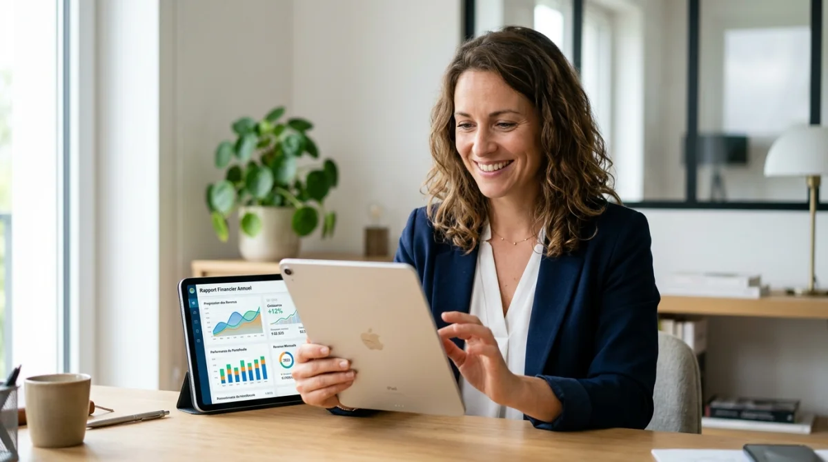 Personne souriante utilisant la calculette renégociation pret oulala sur tablette pour analyser ses graphiques financiers en bureau.