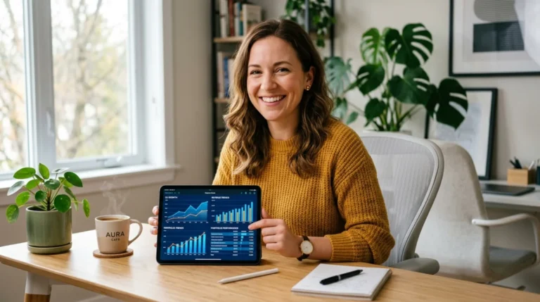 Personne souriante utilisant la calculette renégociation pret oulala sur une tablette dans un bureau moderne et lumineux.