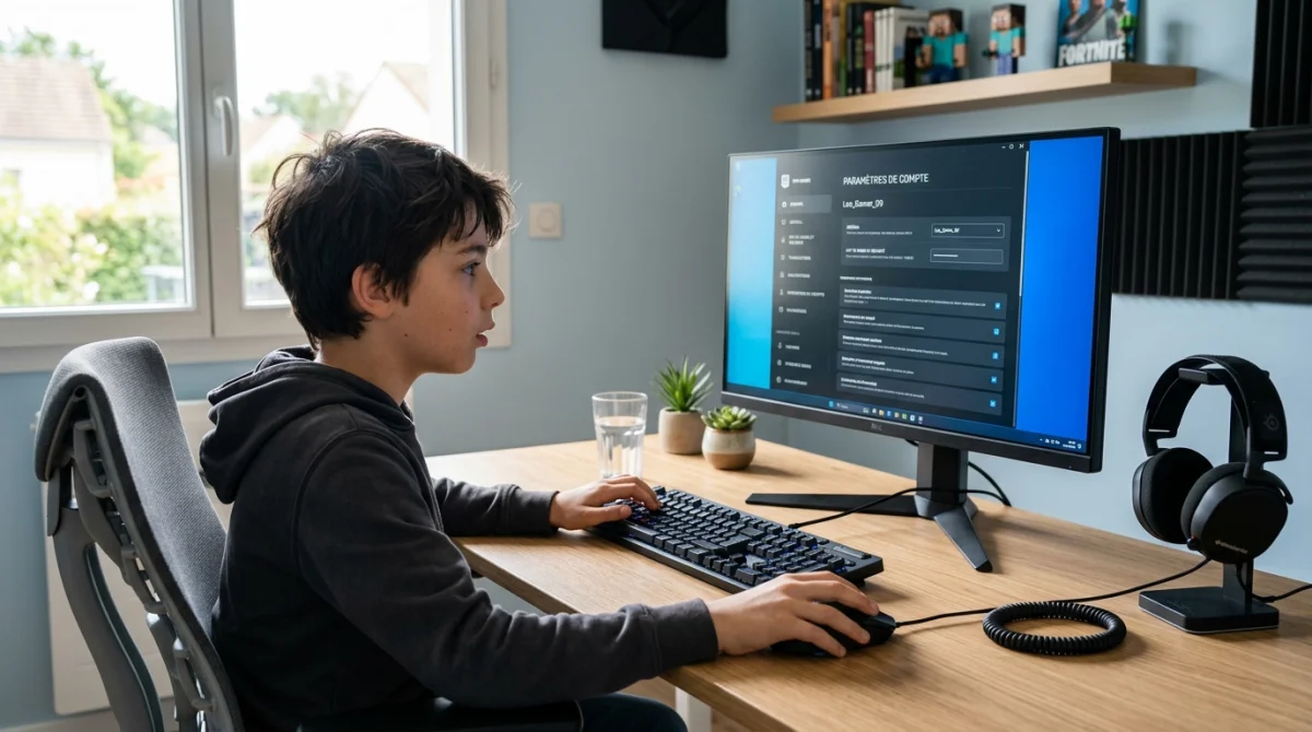 Jeune joueur concentré modifiant ses paramètres de compte Epic Games pour apprendre comment changer de pseudo sur Fortnite.
