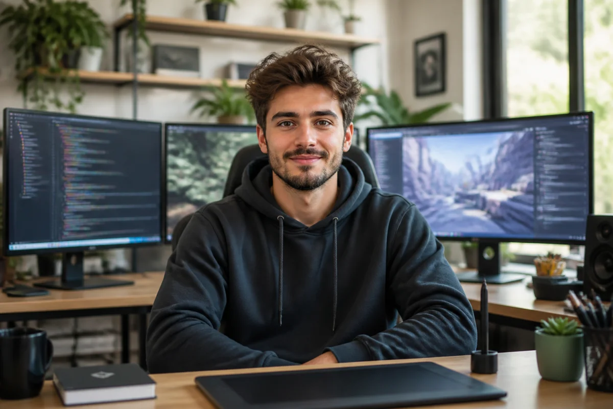 Jeune développeur concentré travaillant sur son code et des modèles 3D pour apprendre comment créer un jeu vidéo.