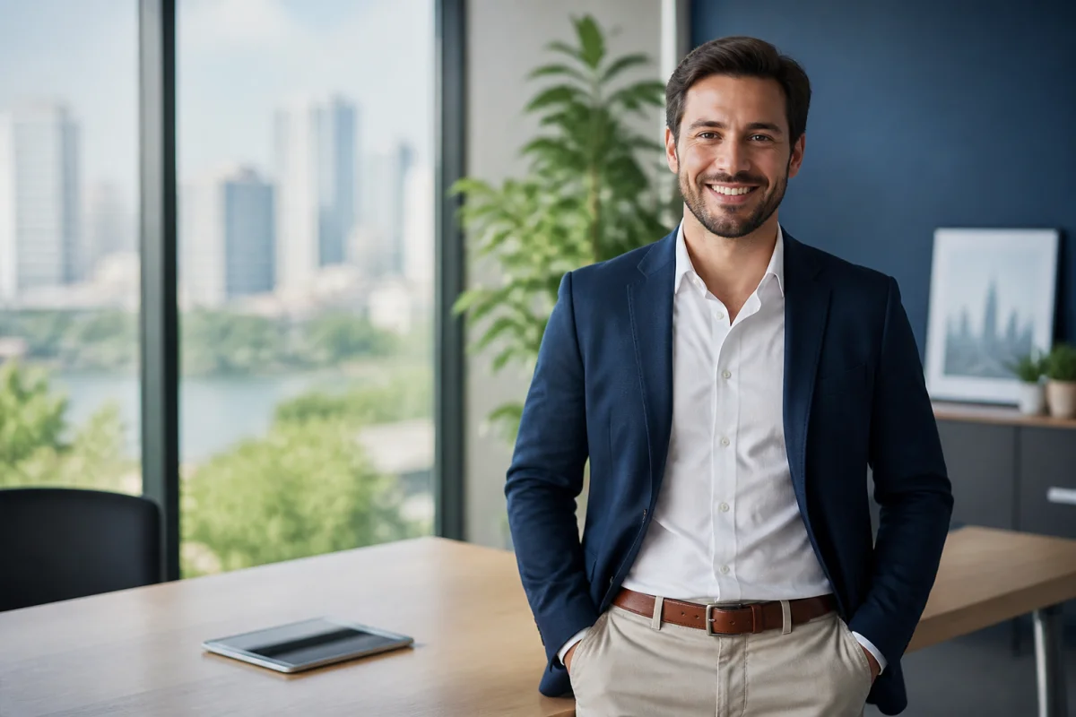 Entrepreneur confiant en tenue business décontractée dans un bureau moderne pour le business mag entreprendre.