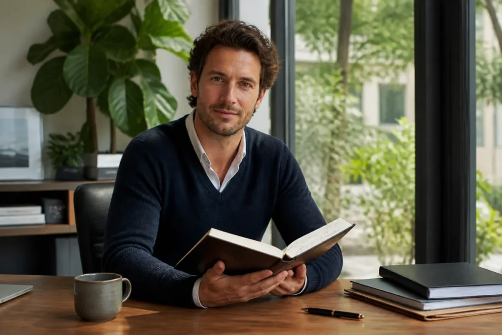Entrepreneur consultant ses notes dans un bureau moderne et lumineux, illustrant le business mag entreprendre.