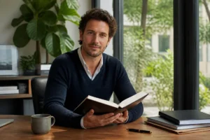 Entrepreneur consultant ses notes dans un bureau moderne et lumineux, illustrant le business mag entreprendre.