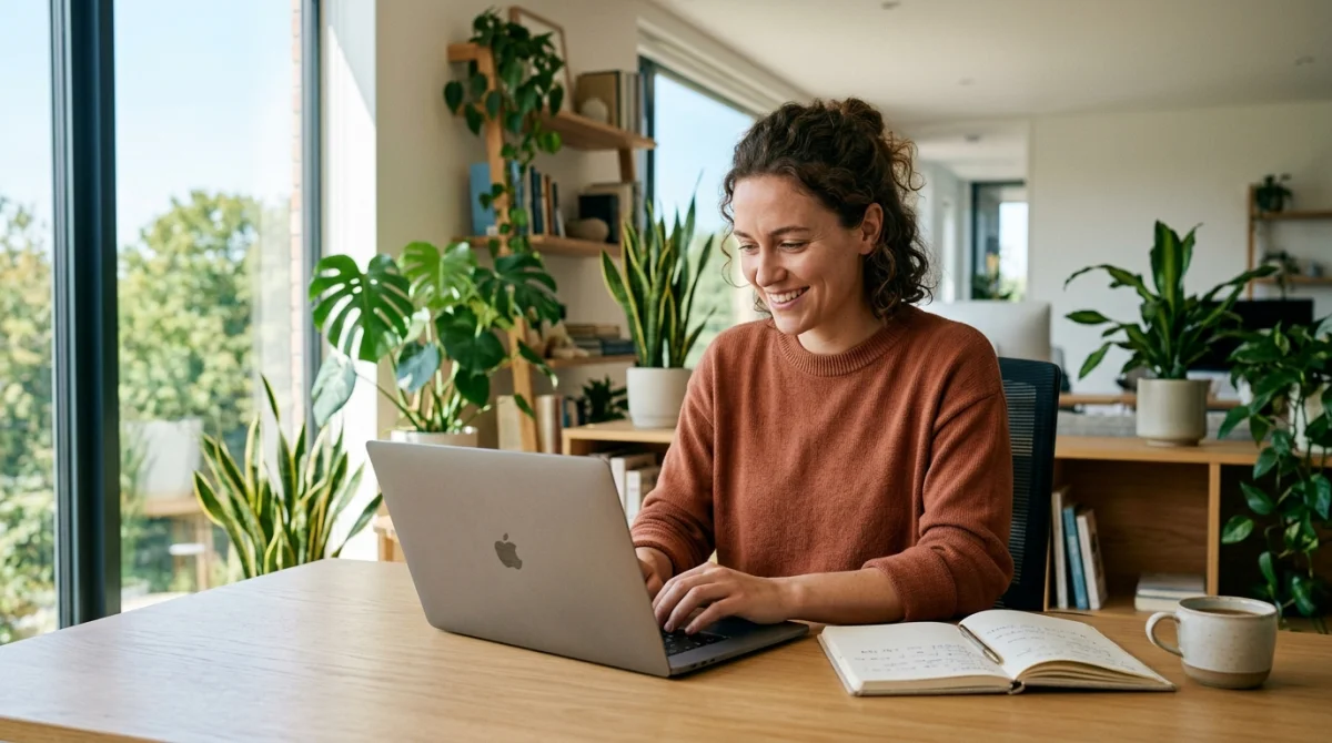 Personne souriante travaillant sur un ordinateur dans un bureau lumineux pour suivre une formation content marketing efficace.