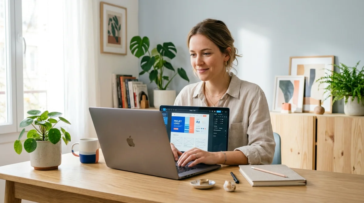 Personne créative travaillant sereinement sur un design Canva dans un bureau minimaliste et lumineux.