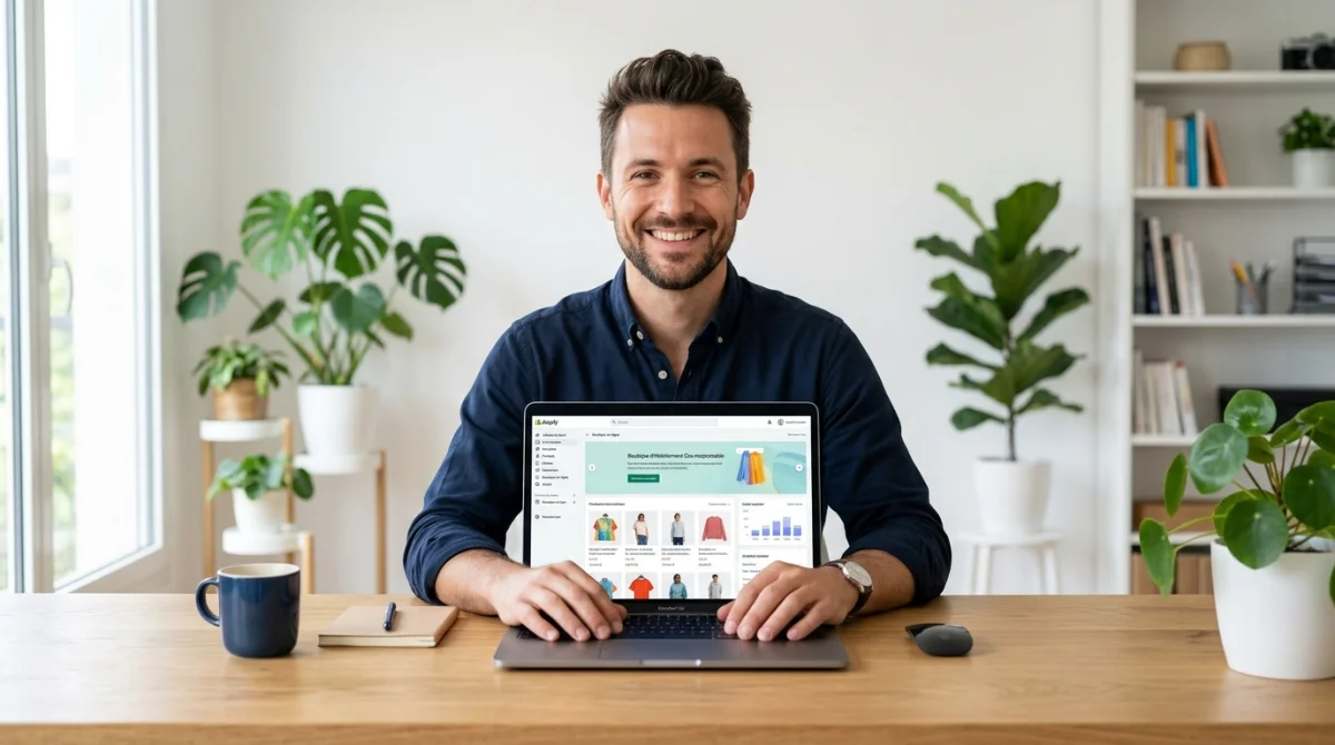 Entrepreneur souriant travaillant sur une boutique en ligne lors d'une formation ecommerce gratuite sur vite-une-formation.fr.