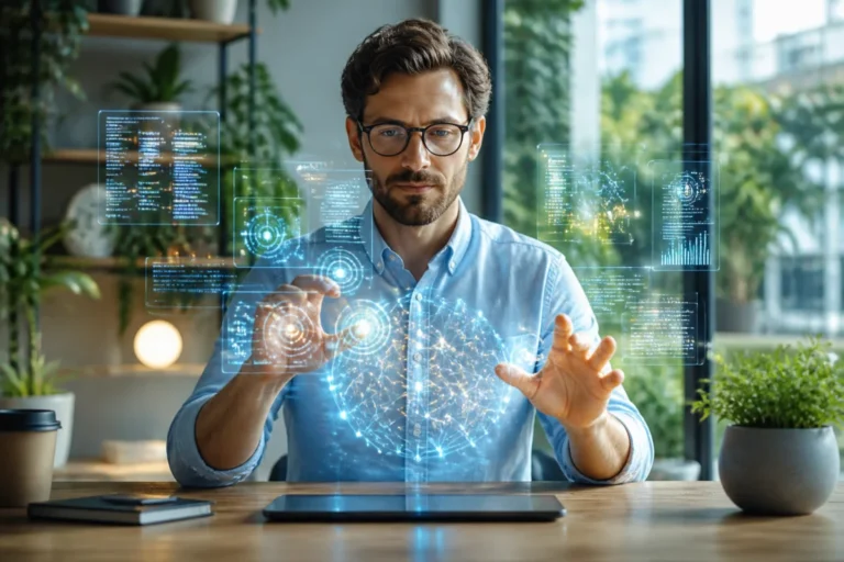 Expert manipulant des hologrammes de réseaux neuronaux dans un bureau moderne pour une formation intelligence artificielle Nexa.