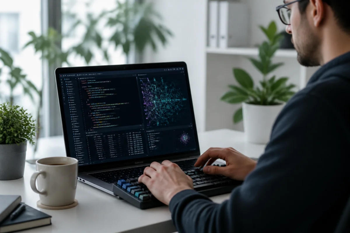 Personne travaillant sur un ordinateur portable affichant du code lors d'une formation intelligence artificielle Nexa professionnelle.