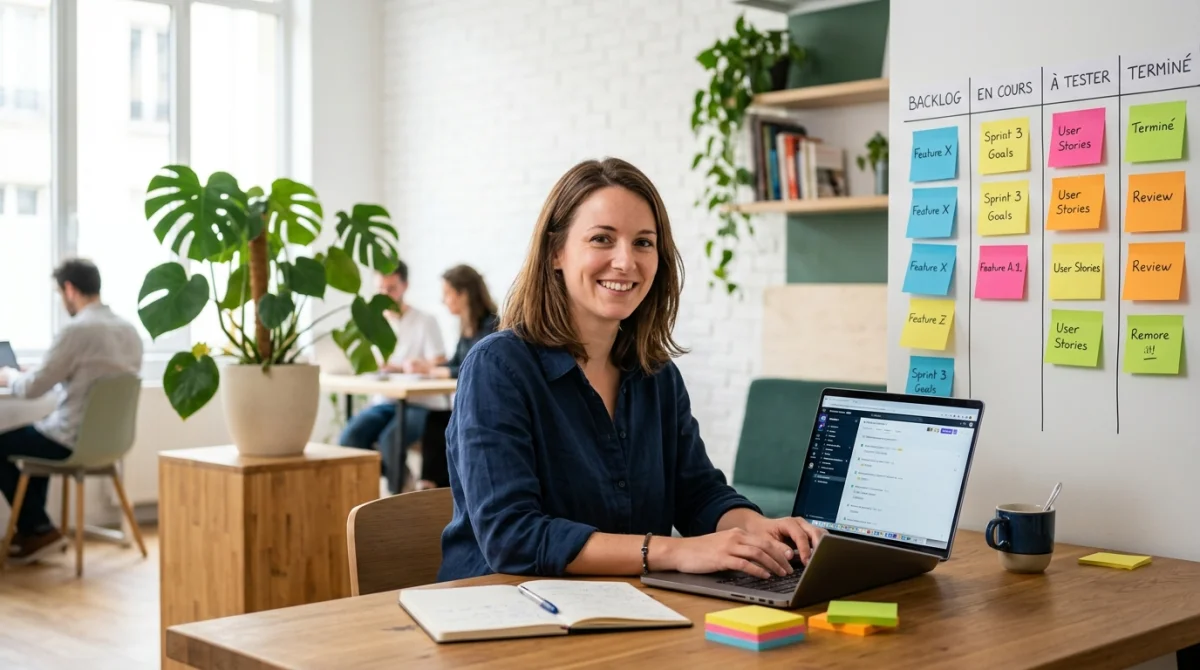 Professionnel souriant travaillant sur un ordinateur avec des post-its Kanban lors d'une formation méthode agile.