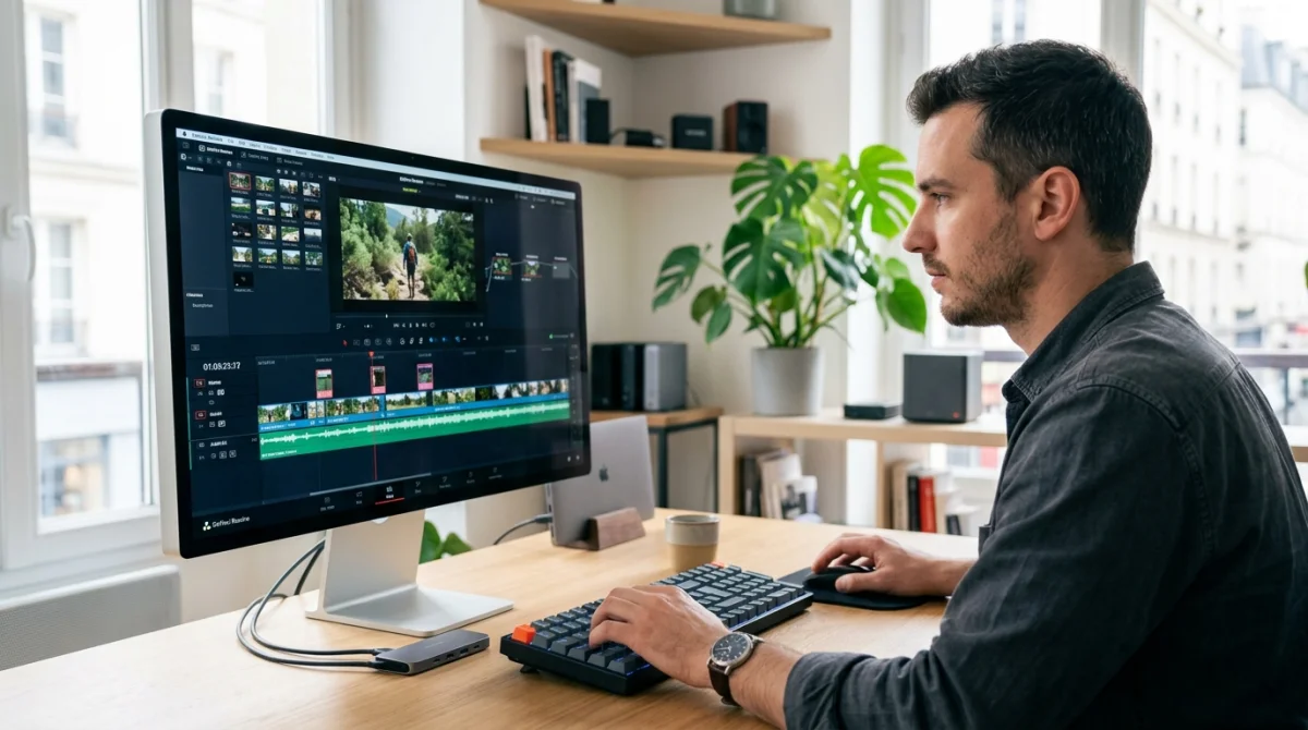 Monteur vidéo professionnel travaillant sur l'interface de montage Filmora dans un bureau moderne et lumineux.