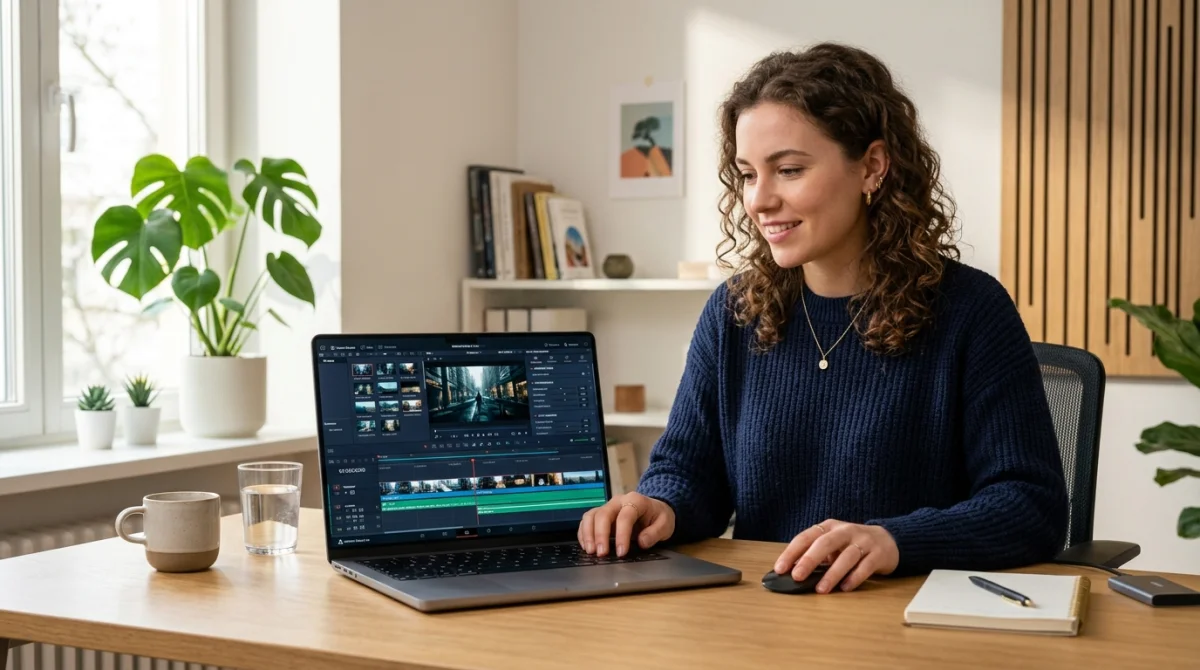 Créatif utilisant une interface de montage vidéo par IA sur ordinateur pour une formation Runway professionnelle.