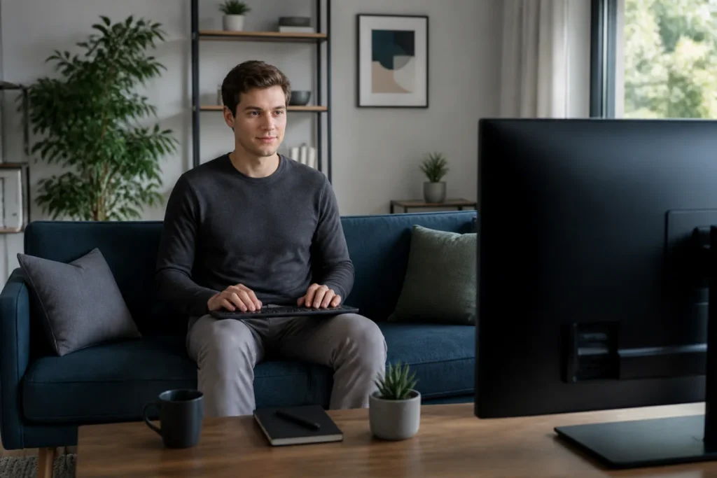 Jeune personne utilisant un clavier sans fil dans un salon moderne pour naviguer sur internet avec sa PS5.