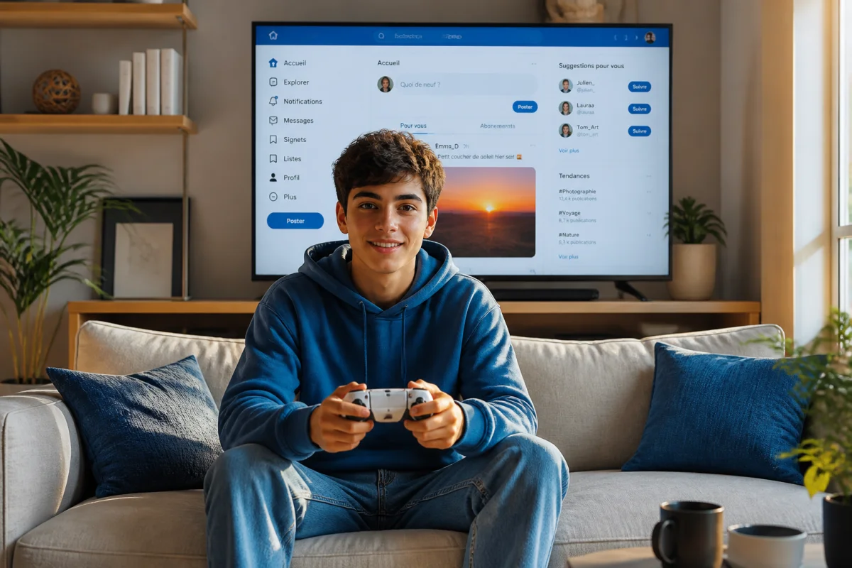 Jeune personne utilisant une manette PS5 pour naviguer sur internet depuis son salon confortable et moderne.