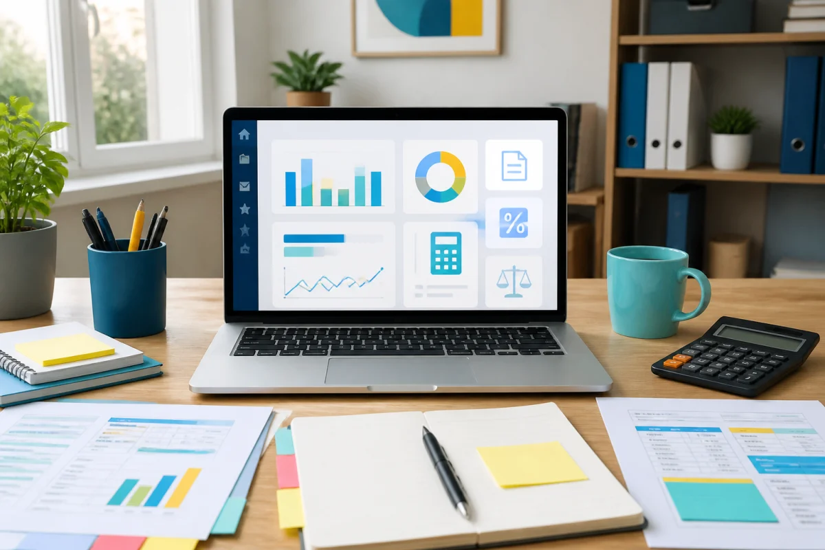 Bureau professionnel avec ordinateur affichant des ressources entrepreneuriales, guides pratiques, modèles administratifs et simulateurs financiers
