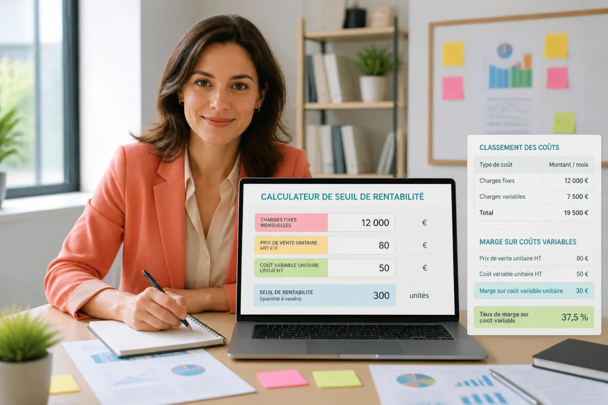 Consultante financière utilisant une calculette de seuil de rentabilité avec charges fixes, prix et coût variable unitaires affichés