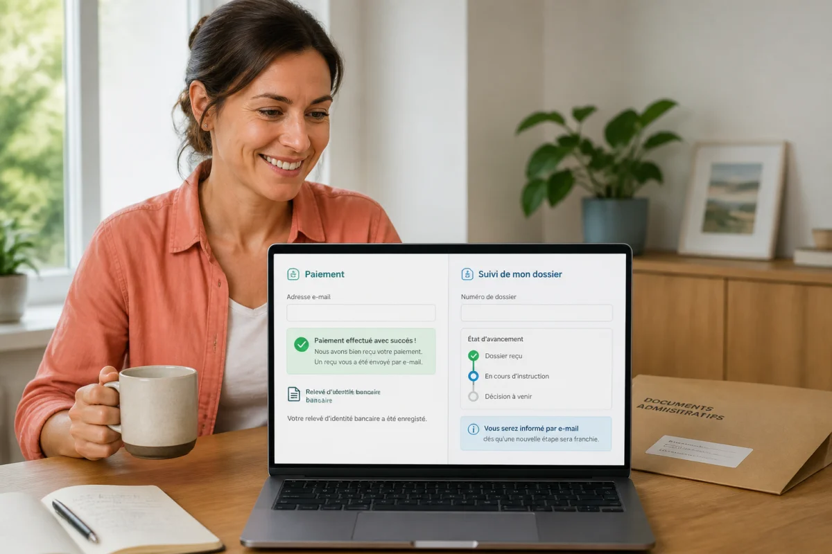 Adulte consultant sereinement creances publiques.fr sur ordinateur portable, avec interface générique de paiement public et suivi de dossier sécurisé.