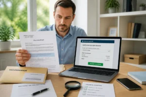 Personne vérifiant un courrier administratif et une page de paiement sécurisé liée à creances publiques.fr devant un ordinateur portable