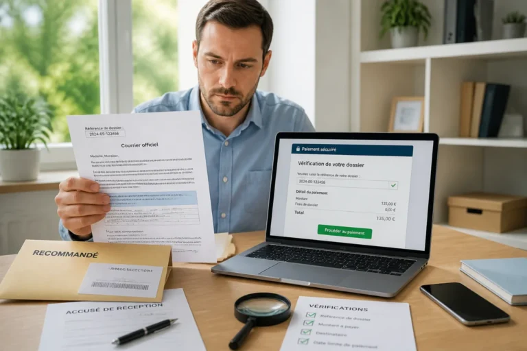 Personne vérifiant un courrier administratif et une page de paiement sécurisé liée à creances publiques.fr devant un ordinateur portable