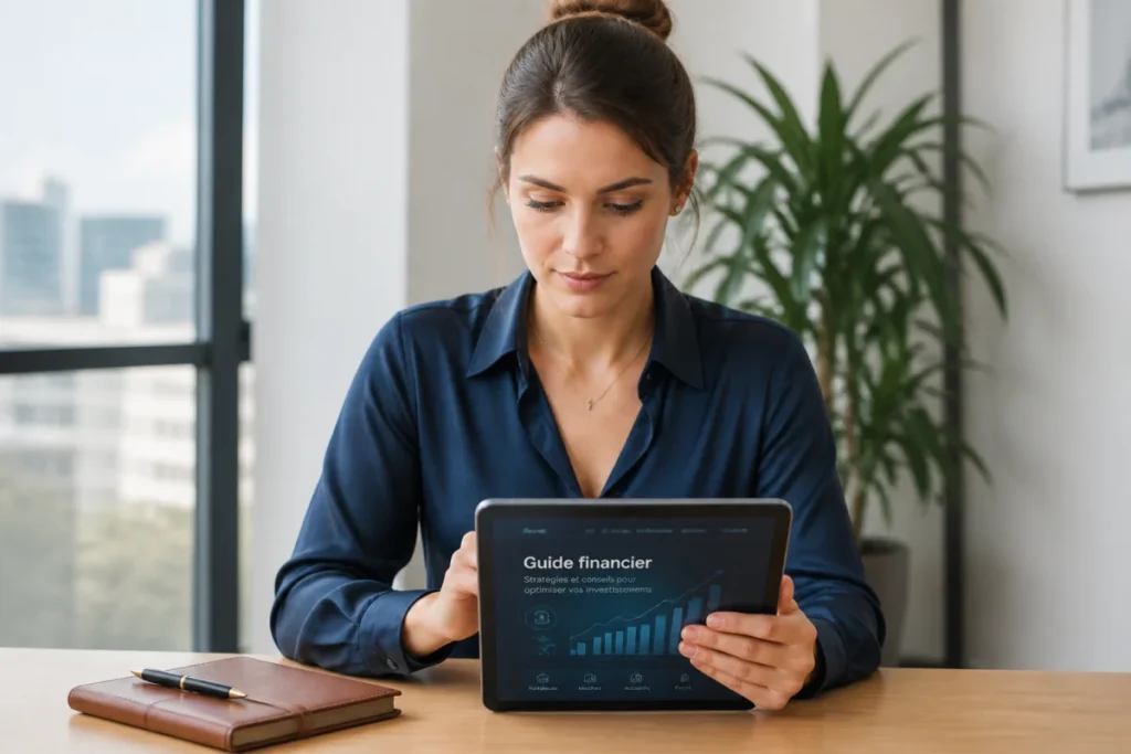 Professionnelle consultant un guide financier numérique sur tablette dans un bureau moderne pour le blog list-company.com.