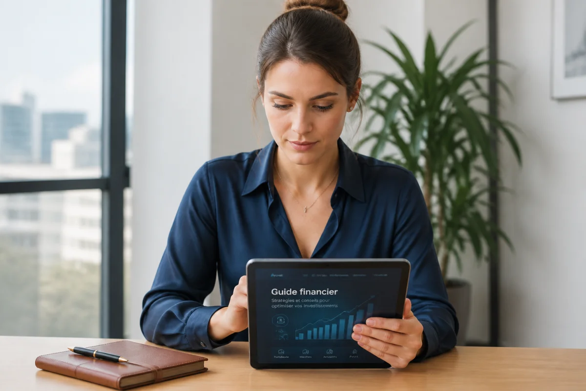 Professionnelle consultant un guide financier numérique sur tablette dans un bureau moderne pour le blog list-company.com.
