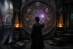 Hogwarts Legacy soluce : jeune sorcier levant sa baguette devant une porte circulaire ornée de symboles et créatures mystérieuses.