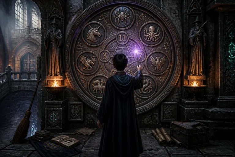 Hogwarts Legacy soluce : jeune sorcier levant sa baguette devant une porte circulaire ornée de symboles et créatures mystérieuses.