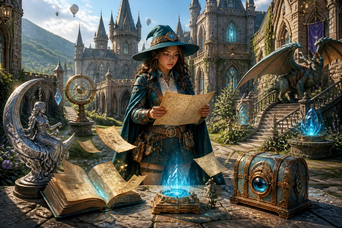 Hogwarts Legacy soluce : jeune sorcière explorant une cour magique, carte ancienne en main, entourée de collectibles enchantés.