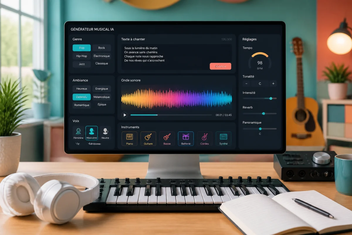 Interface de création musicale par IA générant une chanson à partir d’un texte, avec réglages de voix, instruments et tempo