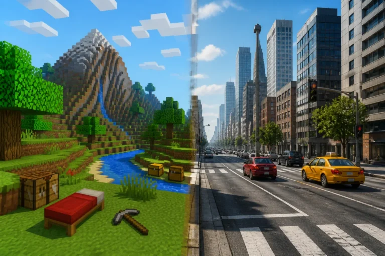Comparaison entre jeu de construction en blocs et jeu d’action urbain pour illustrer quel est le jeu le plus joué au monde