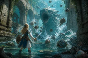 Zelda Echoes of Wisdom soluce : princesse aventurière affrontant une créature aquatique dans des ruines submergées