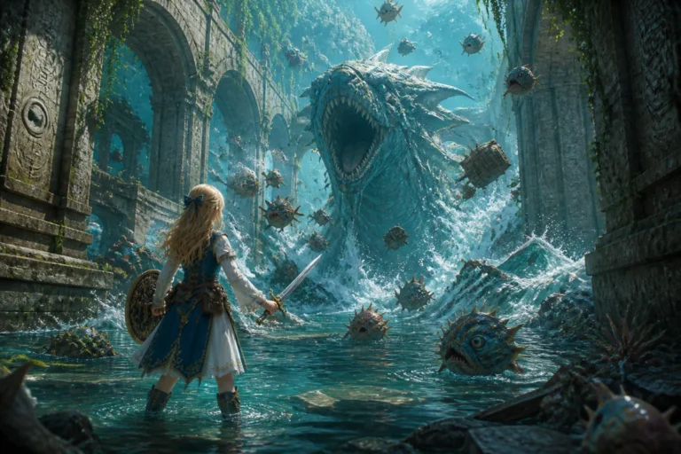 Zelda Echoes of Wisdom soluce : princesse aventurière affrontant une créature aquatique dans des ruines submergées