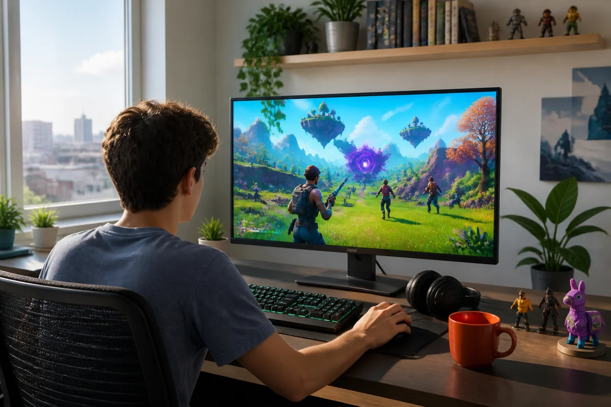 Jeune joueur concentré devant un écran de jeu de tir et de survie en ligne dans une chambre moderne et lumineuse