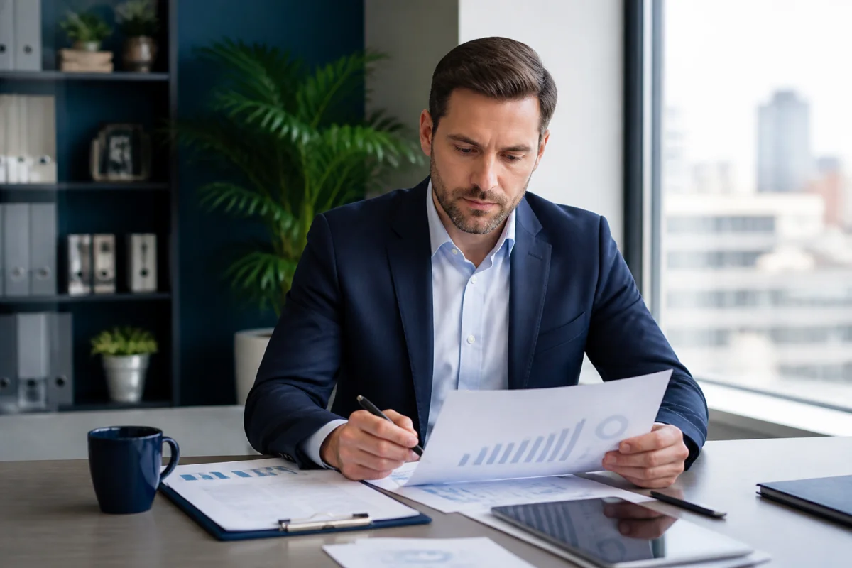 Professionnel en tenue moderne analysant des documents financiers dans un bureau lumineux et contemporain pour list-company.com blog.