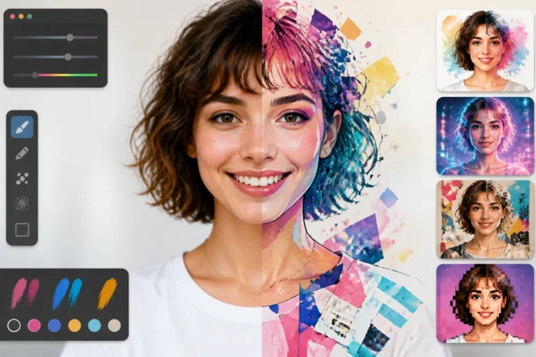 Prompt pour modifier une photo avec ChatGPT, portrait réaliste transformé en styles aquarelle, futuriste, collage et pixel art.