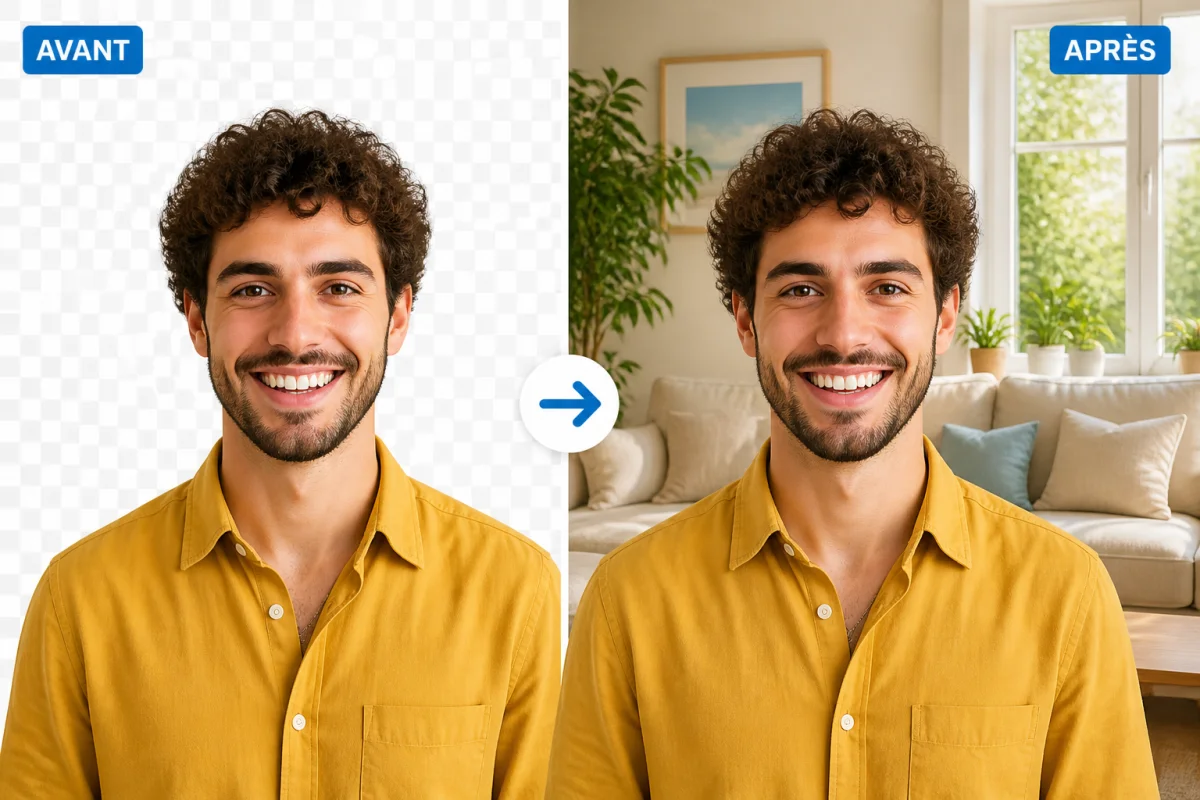 Avant-après d’un prompt pour modifier une photo ChatGPT, avec détourage précis et nouvel arrière-plan de salon lumineux.