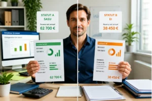 Entrepreneur comparant deux scénarios de revenus avec un simulateur de revenu dirigeant et des documents financiers distincts