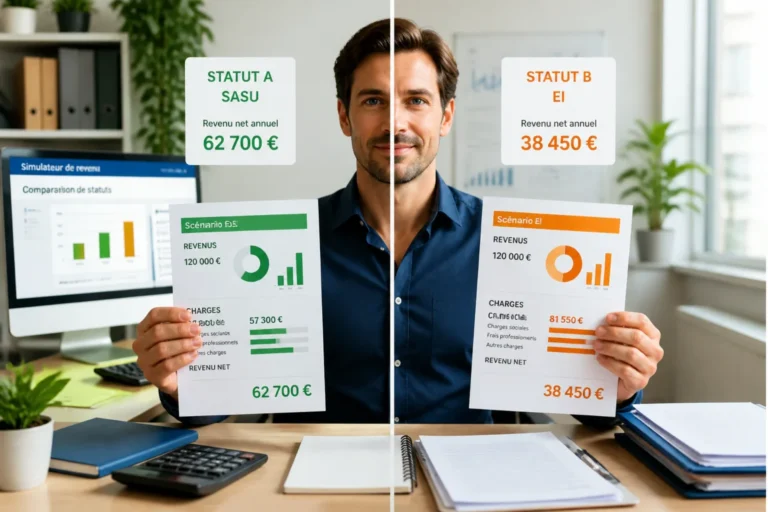 Entrepreneur comparant deux scénarios de revenus avec un simulateur de revenu dirigeant et des documents financiers distincts