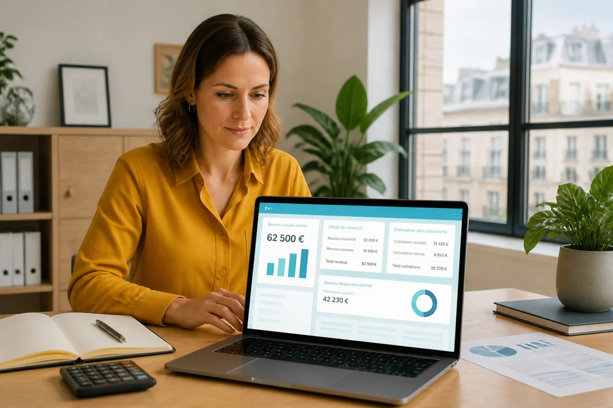 Dirigeante analysant son revenu estimé avec un simulateur financier sur ordinateur portable dans un bureau lumineux
