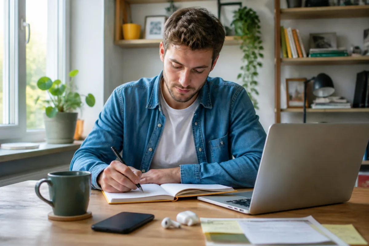 Personne concentrée au bureau avec carnet et ordinateur, téléphone retourné, dans un espace de travail lumineux et serein