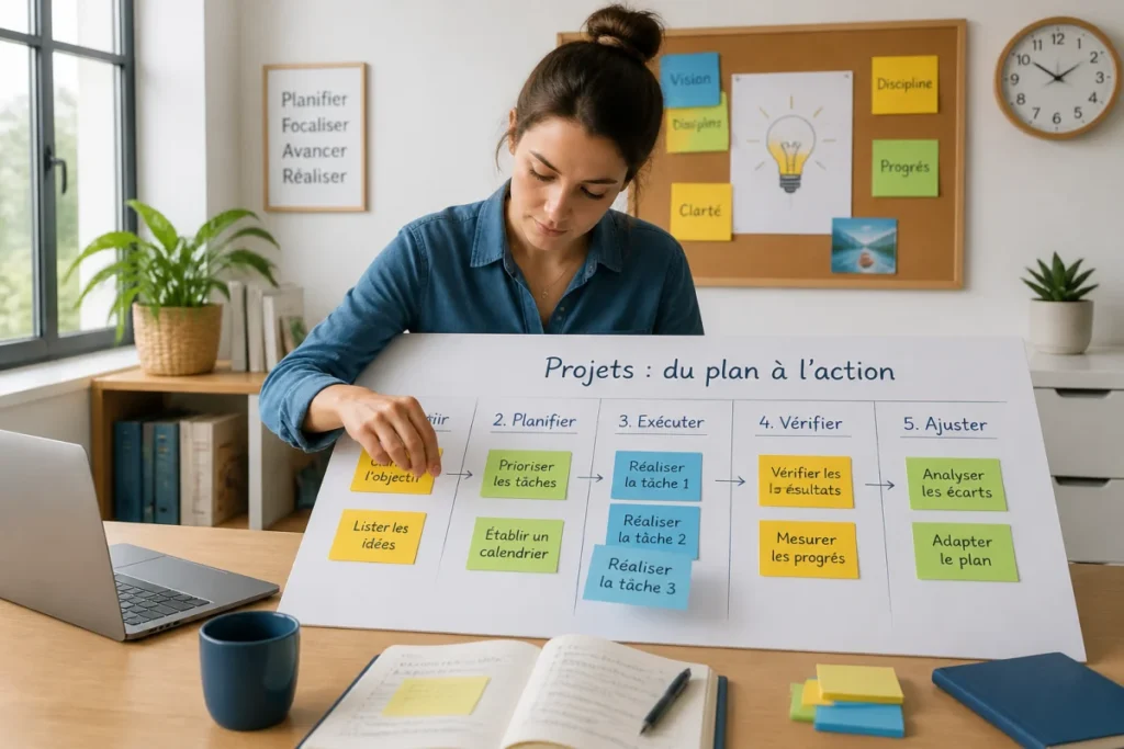 Personne organisant un projet en petites étapes sur un tableau de planification pour améliorer sa productivité au quotidien