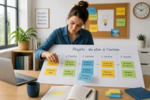 Personne organisant un projet en petites étapes sur un tableau de planification pour améliorer sa productivité au quotidien