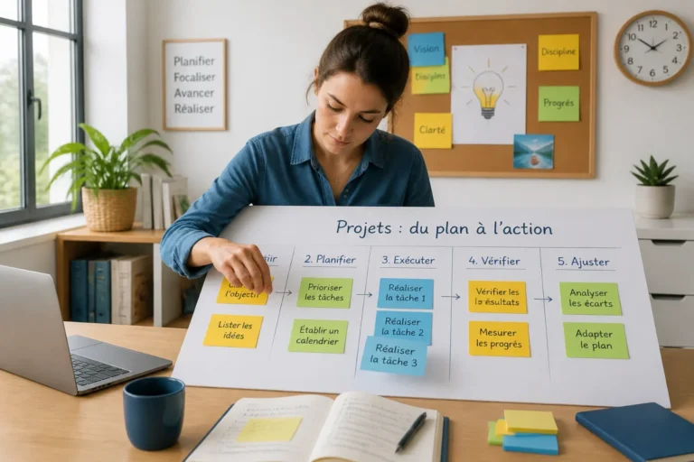 Personne organisant un projet en petites étapes sur un tableau de planification pour améliorer sa productivité au quotidien
